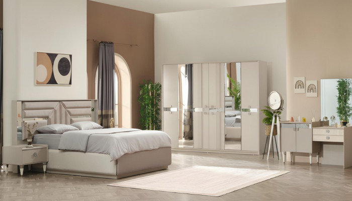 Ensemble de chambre complet de 5 pièces lit 2 tables de nuit armoire coiffeuse en bois