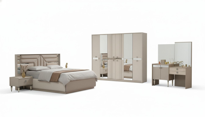 Ensemble de chambre complet de 5 pièces lit 2 tables de nuit armoire coiffeuse en bois