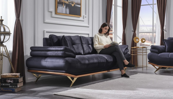 Canapé trois places pour salon en tissu gris, meubles rembourrés luxueux