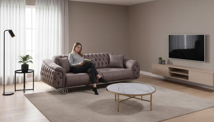 Canapé moderne de luxe trois places en tissu Chesterfield