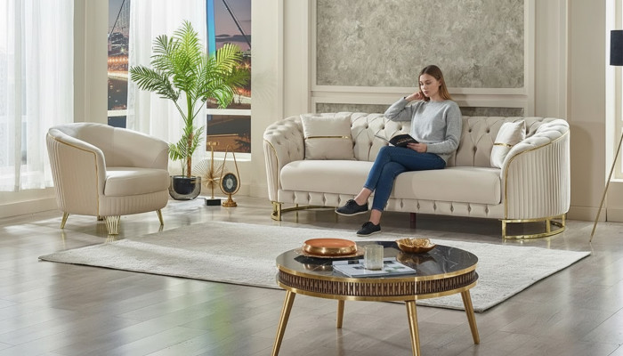 Canapé moderne trois places blanc fauteuil Chesterfield salon tissu