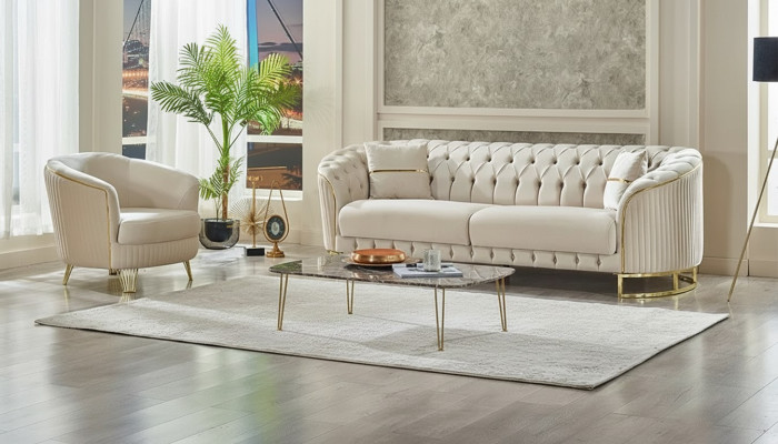 Canapé moderne trois places blanc fauteuil Chesterfield salon tissu