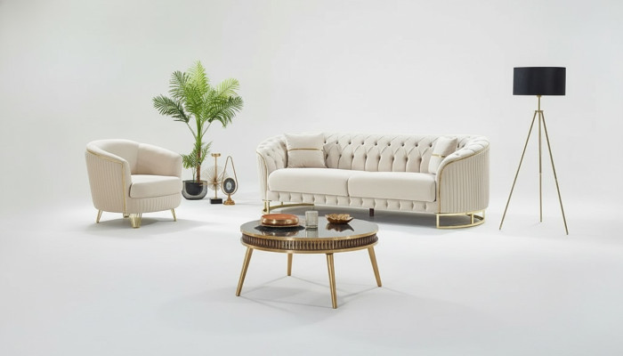Canapé moderne trois places blanc fauteuil Chesterfield salon tissu