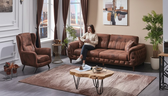 Canapé marron trois places avec fauteuil design pour salon