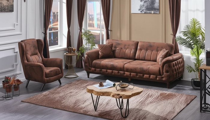Canapé marron trois places avec fauteuil design pour salon