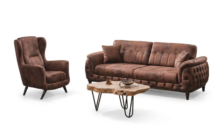 Canapé marron trois places avec fauteuil design pour salon