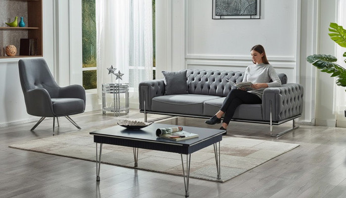 Canapé moderne 2 pièces gris style Chesterfield