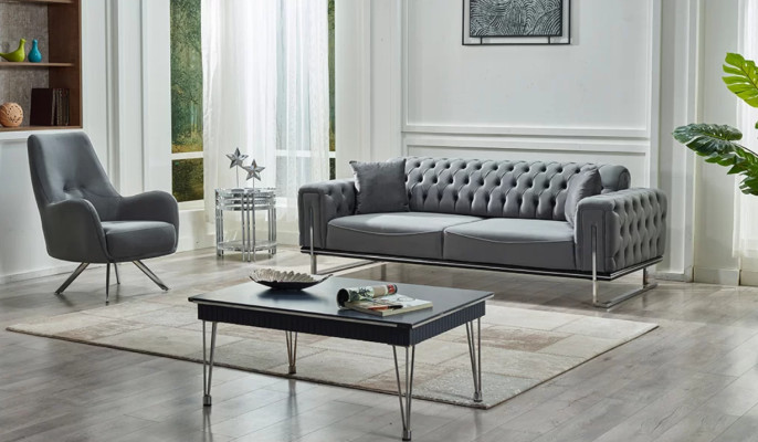 Canapé moderne 2 pièces gris style Chesterfield