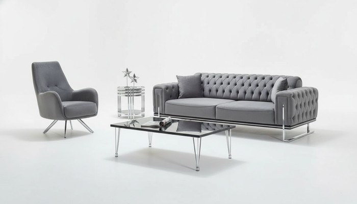 Canapé moderne 2 pièces gris style Chesterfield