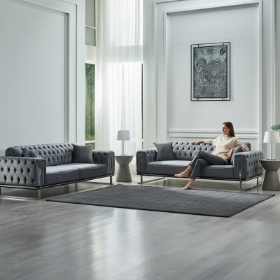 Canapé Chesterfield 2x 3 places luxe gris meubles rembourrés salon