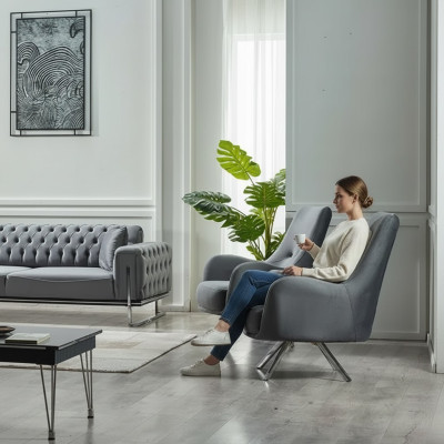 Meubles rembourrés gris 2x fauteuils en textile design