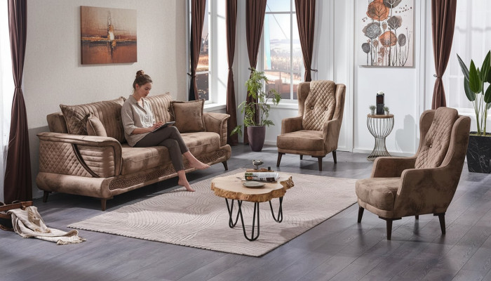 Jeu de canapés de luxe en tissu beige de 3 pièces