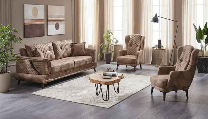 Jeu de canapés de luxe en tissu beige de 3 pièces