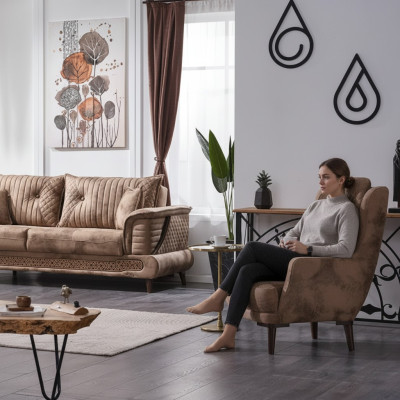 Canapé beige 3 places pour salon en tissu moderne de luxe