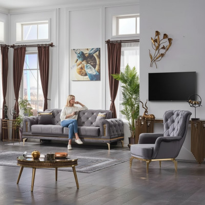 Canapé de luxe 3 places avec fauteuil ensemble canapé salon Chesterfield gris