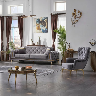 Canapé de luxe 3 places avec fauteuil ensemble canapé salon Chesterfield gris