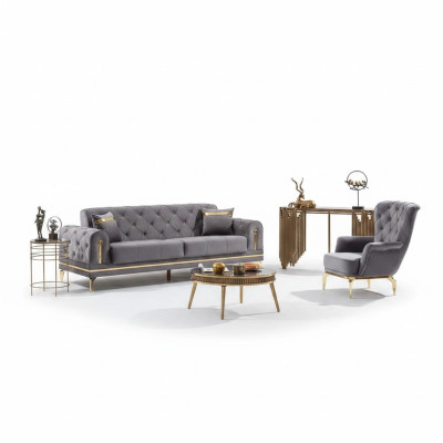 Canapé de luxe 3 places avec fauteuil ensemble canapé salon Chesterfield gris