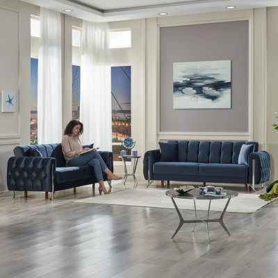 Meubles rembourrés 2x canapé trois places complet en tissu bleu pour salon