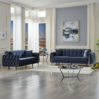 Meubles rembourrés 2x canapé trois places complet en tissu bleu pour salon