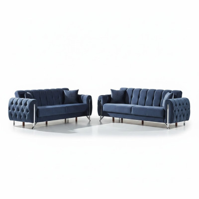 Meubles rembourrés 2x canapé trois places complet en tissu bleu pour salon