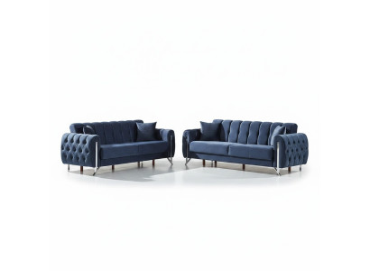 Meubles rembourrés 2x canapé trois places complet en tissu bleu pour salon