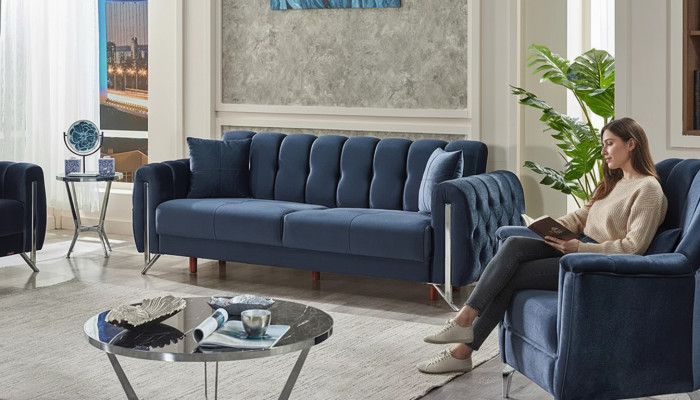 Canapé moderne design pour 3 personnes en tissu bleu