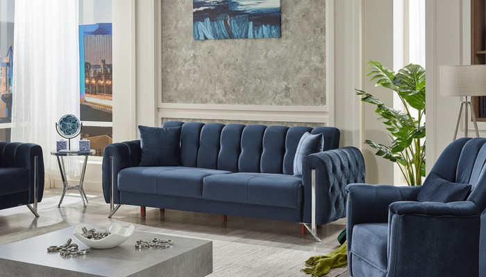 Canapé moderne design pour 3 personnes en tissu bleu