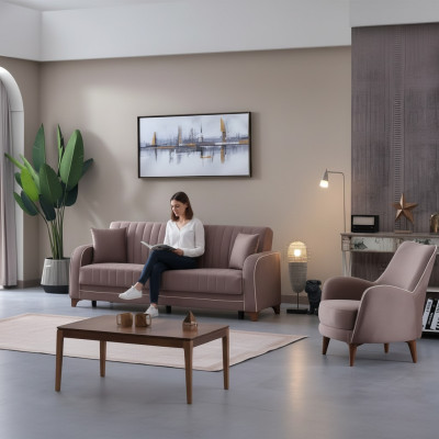 Canapé gris complet de 2 pièces pour salon avec fauteuil et canapé 3 places