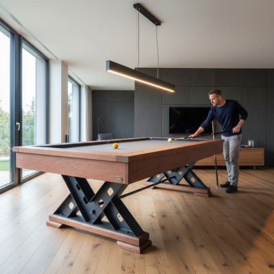 Table en bois massif marron avec pieds en acier et surface de jeu en marbre