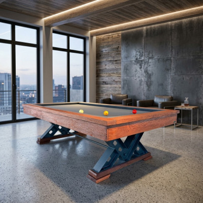 Table en bois massif marron avec pieds en acier et surface de jeu en marbre
