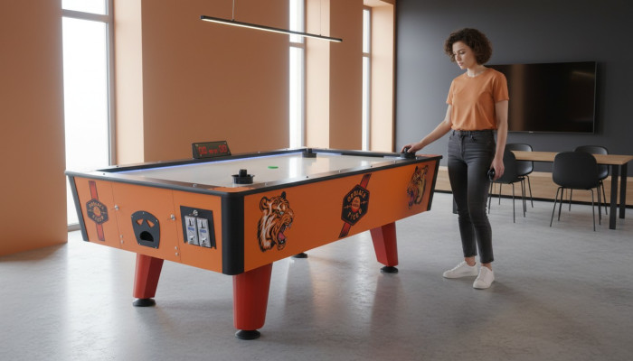 Table de air hockey en plastique et métal orange au design moderne