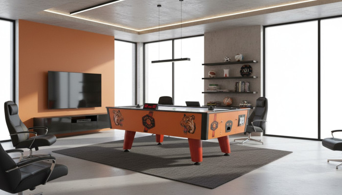 Table de air hockey en plastique et métal orange au design moderne