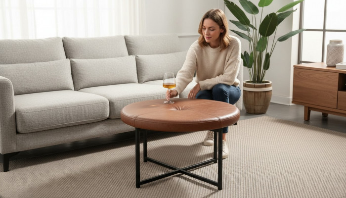 Table basse en cuir marron et métal pour le salon, meuble de haute qualité, nouveau, élégant et moderne.