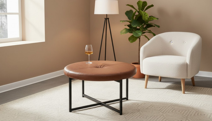 Table basse en cuir marron et métal pour le salon, meuble de haute qualité, nouveau, élégant et moderne.