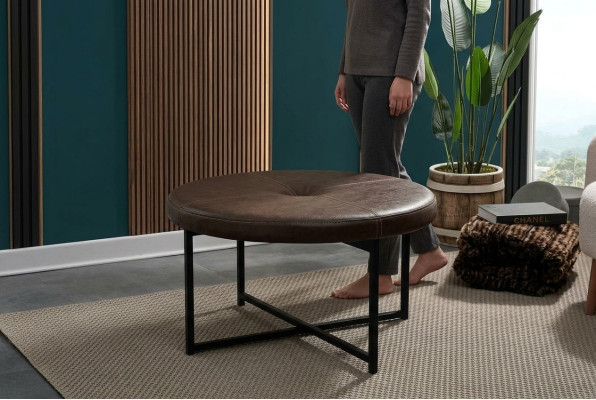 Table basse plateau en cuir de haute qualité pieds en métal Meubles de salon Marron foncé