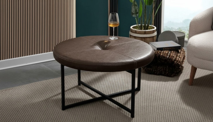 Table basse plateau en cuir de haute qualité pieds en métal Meubles de salon Marron foncé