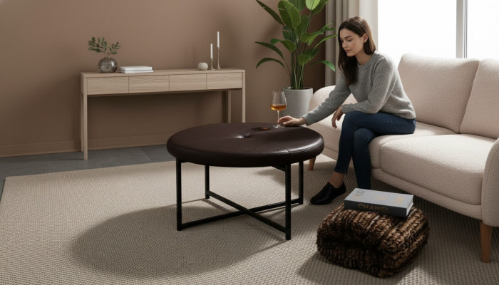 Table basse en cuir de haute qualité Matériau de dessus de table en métal Salon Marron foncé