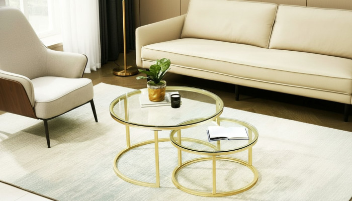 Tables basses 2 parties Plateau en verre Pieds en métal doré Mobilier de salon