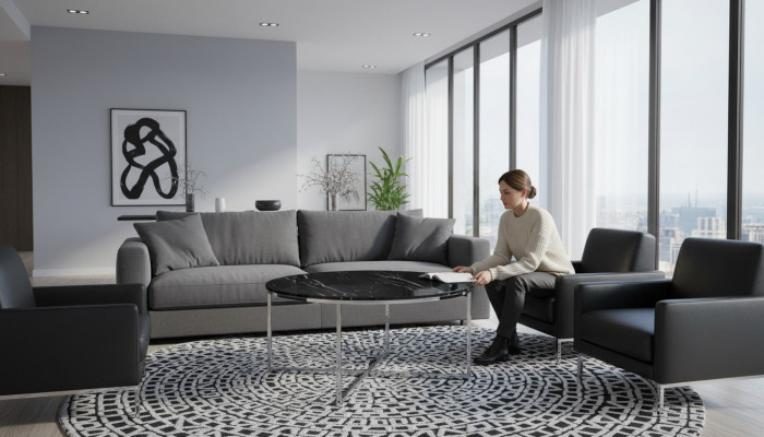 Table basse ronde pour salon Noir MDF + Pieds en X en métal nouveau luxe