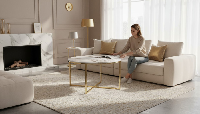 Table basse moderne Mobilier de salon minimaliste Plateau de table en métal beige neuf