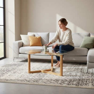 Table basse en verre plateau en verre pieds en bois salon mobilier moderne minimaliste