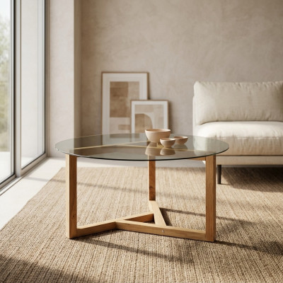 Table basse en verre plateau en verre pieds en bois salon mobilier moderne minimaliste