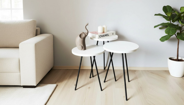 Salle de séjour Table basse Table d'appoint Ensemble 3x Moderne Blanc MDF pieds métalliques