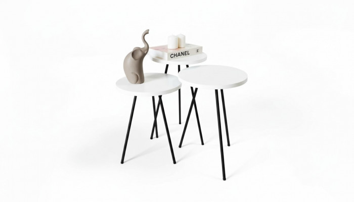 Salle de séjour Table basse Table d'appoint Ensemble 3x Moderne Blanc MDF pieds métalliques