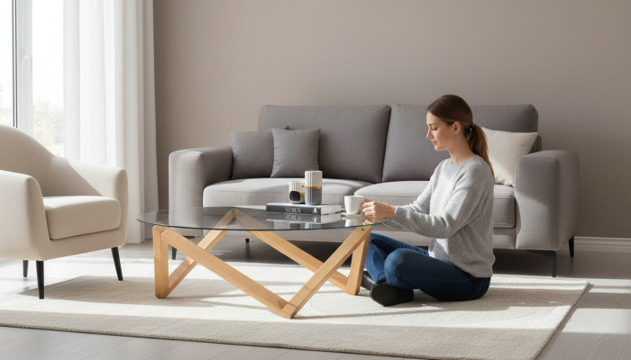 Table basse de style moderne Plateau de table en verre rond Pieds en bois de salon