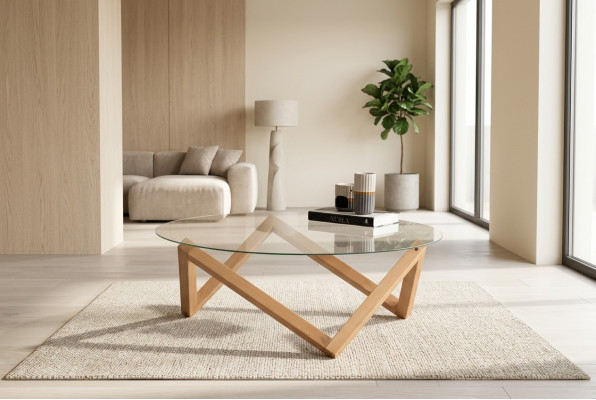 Table basse de style moderne Plateau de table en verre rond Pieds en bois de salon