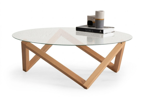 Table basse de style moderne Plateau de table en verre rond Pieds en bois de salon