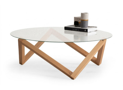 Table basse de style moderne Plateau de table en verre rond Pieds en bois de salon