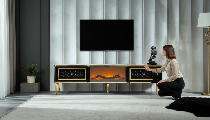 Meuble TV Commode Cheminée d'imitation noire Mobilier de salon élégant