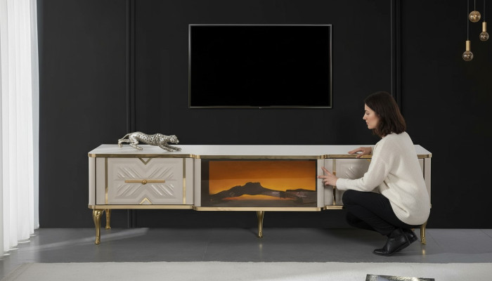 Buffet de salon blanc + cheminée dorée luxueux + meuble TV bas exclusif